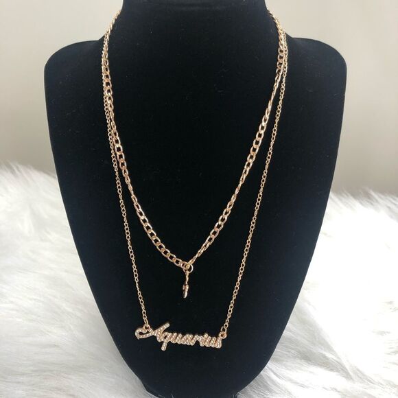 18 K Gold Plated Double Layer Diamond  Aquarius Zodiac Sign Necklace - Picture 4 of 5